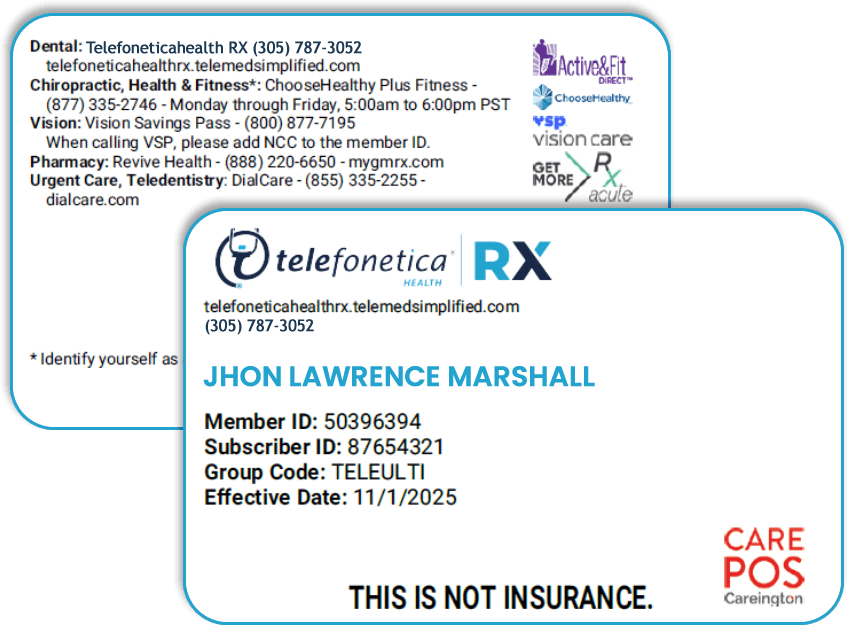 TELEFONETICA HEALTH RX digital member card — front and back
